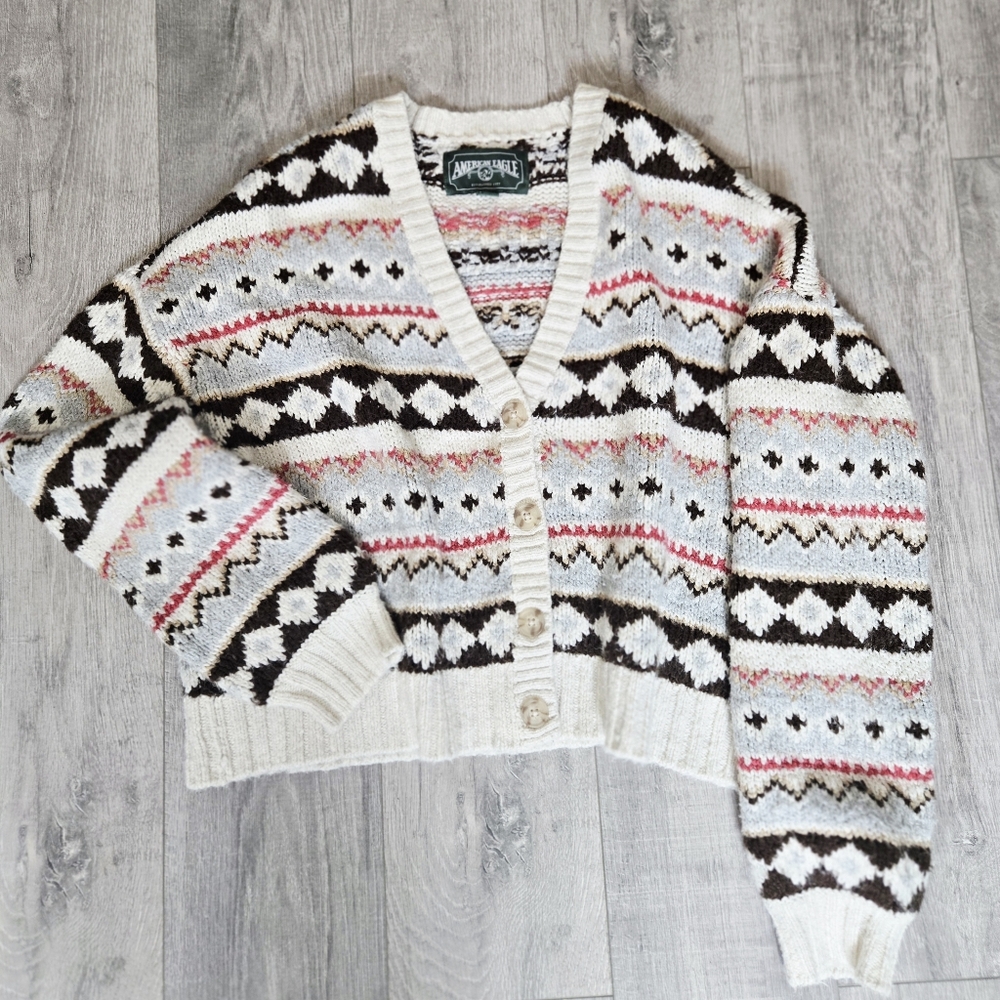 American Eagle Vintage LABEL 70s Look Brown Cream  Pattern Cardigan Size Small